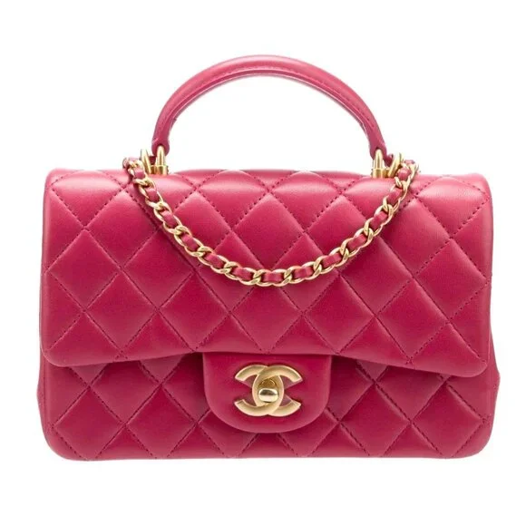 CHANEL Lambskin Quilted Mini Top Handle Rectangular Flap Bag Pink - Picture 1 of 11